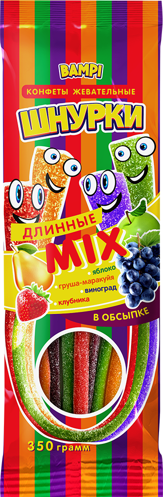 СТМ Bampi шнурки со вкусом яблока, груши-маракуйи, винограда, клубники